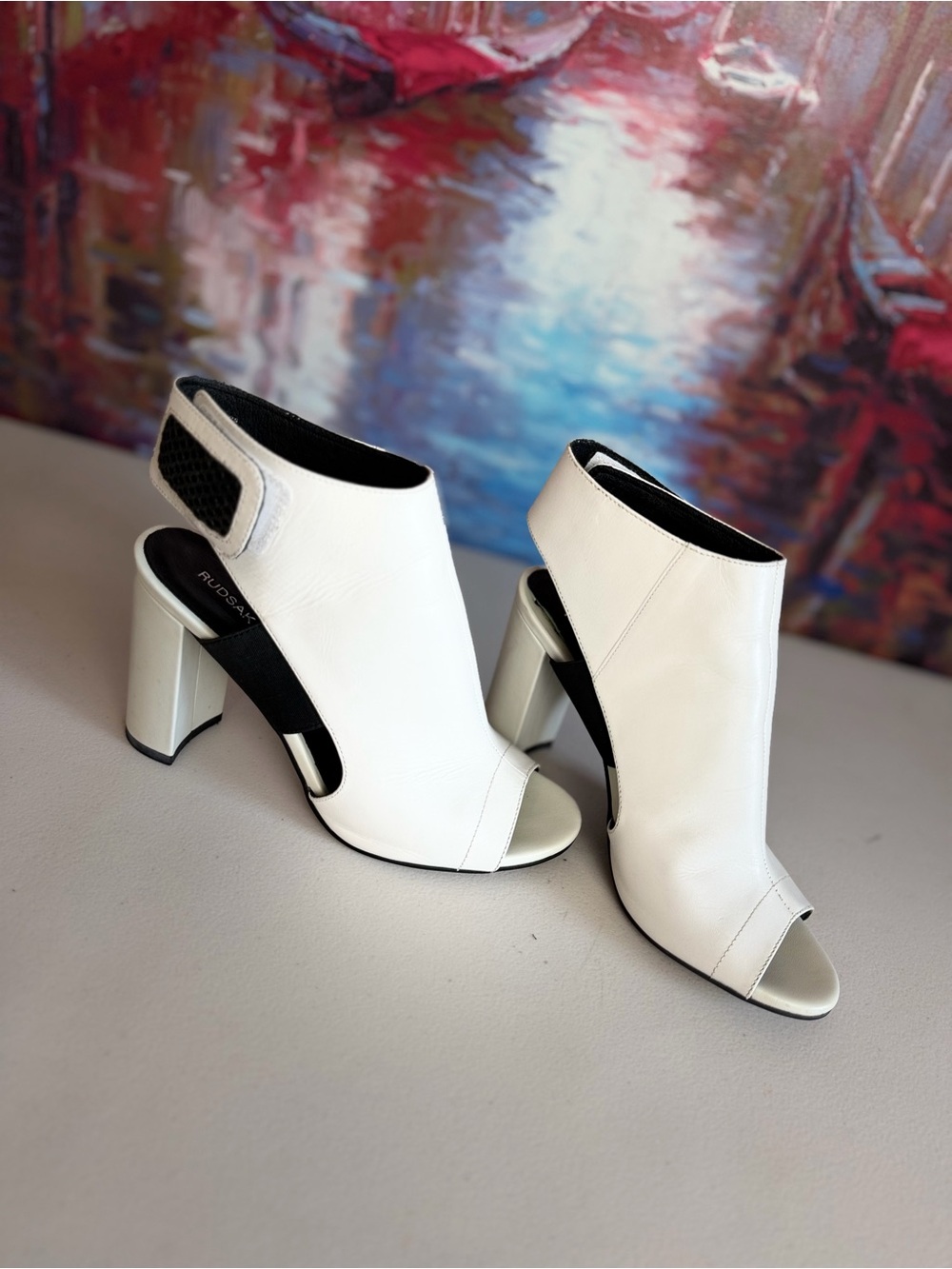 RUDSAK White Leather Open-Toe Ankle Block Heel Boots